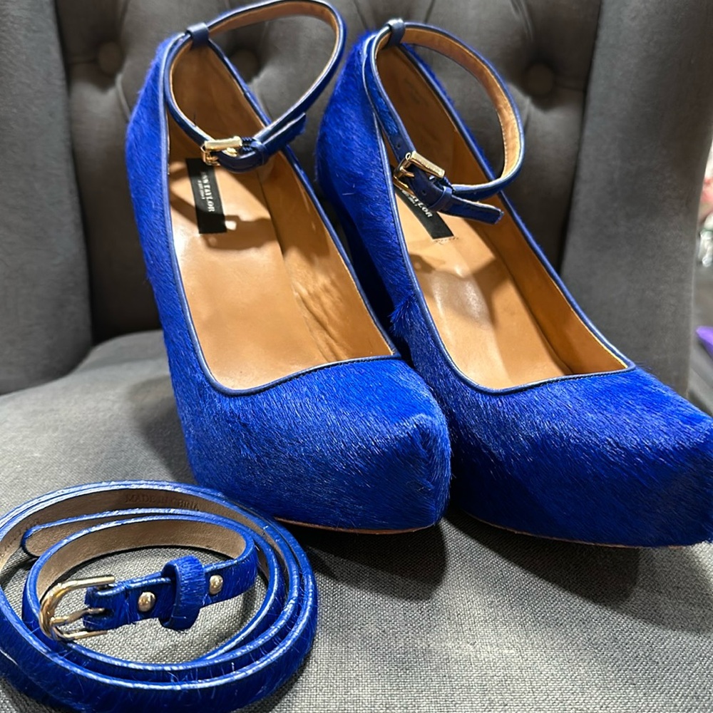 Ann Taylor Cobalt Blue Pony Hair Platform Wedges w/ Ankle Strap & Matching Belt